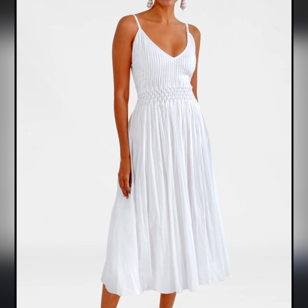Gretchen Scott Designs White Smocked V-Neck Midi Dress